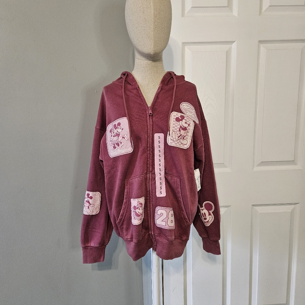 NWT Disney Maroon Hoodie with Cartoon Patches